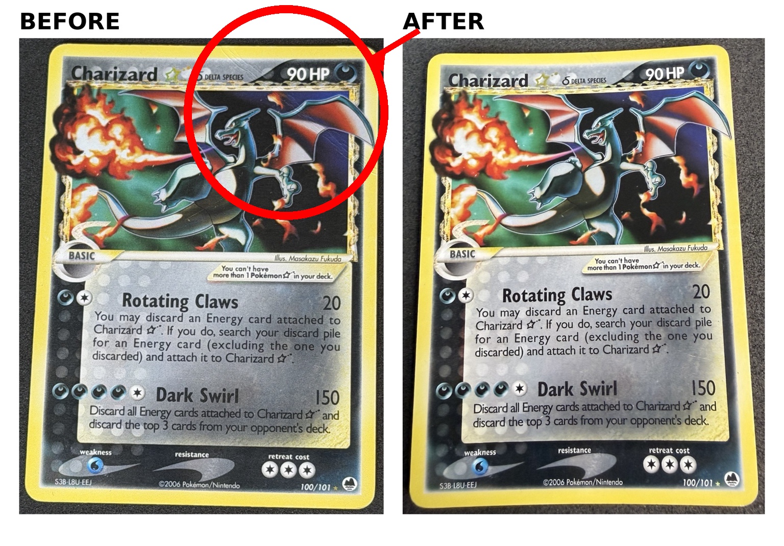 Charizard card before and after restoration